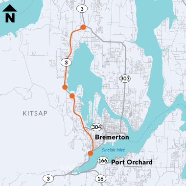Map of SR 3 between Bremerton and Silverdale in Kitsap County with north arrow pointing up. Port Orchard, SR 166, SR 16, SR 3, SR 304, and SR 303.