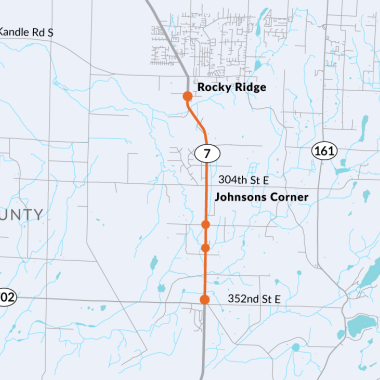 Map of Mountain Highway East (SR 7) in Pierce County near Eatonville between SR 702 and 267th Street East. North arrow points up. Orange line with circles shows project locations.