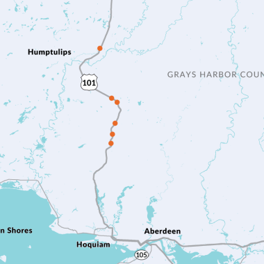 Map showing the locations where culverts will be replaced under US 101 in Grays Harbor County.