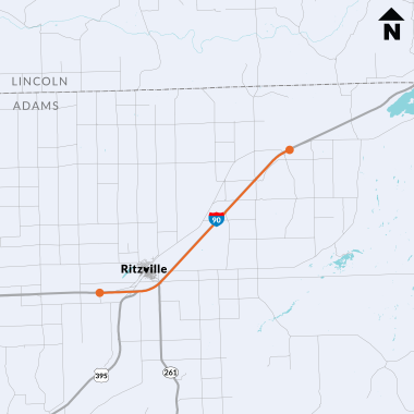 Map of section of I-90 in Adams County. One orange dot in the town of Ritzville, and a second orange dot near the rural area known as Tokio. An orange line along I-90 connects the two dots on the map. 
