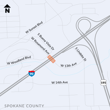 Project map location for the Rosamond Bridge Deck Rehabilitation project above I-90 in Spokane County. Small orange rectangle at the Rosamond Bridge undercrossing on I-90 just west of the US 195 interchange. 