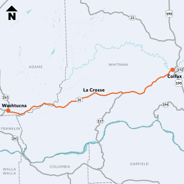 Project map location for the SR 261 to Colfax Rumble Strips Installation project on SR 26 in Whitman County. Two orange dots connected by an orange line on SR 26 between SR 261 and Colfax.