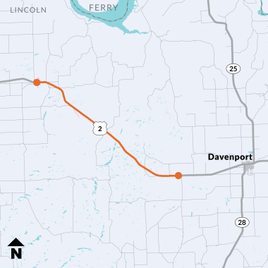 Map of a section of US 2 in Lincoln County. One orange dot in the town of Creston and another orange dot at Rocklyn Road. The two dots are connected by an orange line that runs along US 2 on the map. 