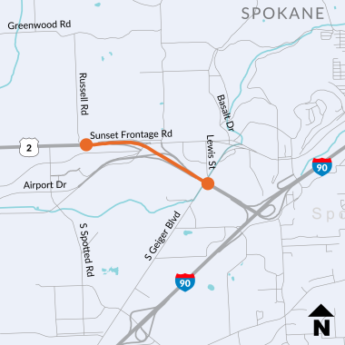 Project map location for the Illumination Replacement project at the Sunset Interchange on US 2 in Spokane County. Two orange dots connected by an orange line on US 2 between Russell Road and S Geiger Blvd. 