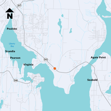 A map of the location of the Sam Snyder Creek where it runs underneath State Route 305 near Poulsbo.