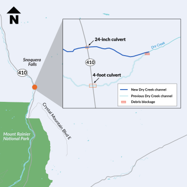 Map shows location where SR 410 intersects Dry Creek and Dry Creek's channel change.