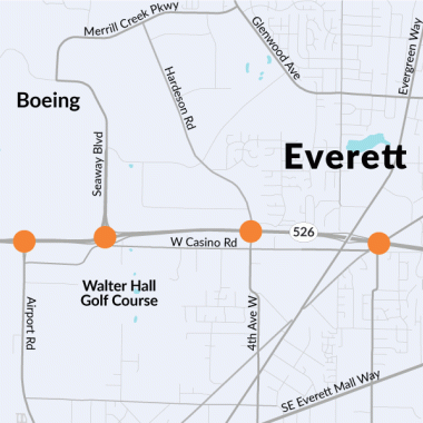 Map shows four construction sites along SR 526 in Everett at Airport Road, Seaway Boulevard, Hardeson Road and East Casino Road.