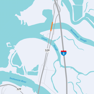 A map of SR 529 through Everett with orange lines marking construction zones on the southbound Steamboat Slough Bridge.