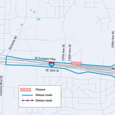 Map shows detour route during work on 142nd Place Southeast overpass