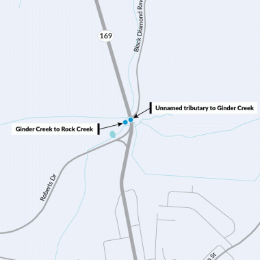 A map showing the locations of the culverts that carry creeks under SR 169 north of Black Diamond