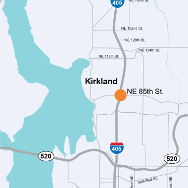 A map of I-405 through Kirkland with orange dot marking the project site at Northeast 85th Street in Kirkland.