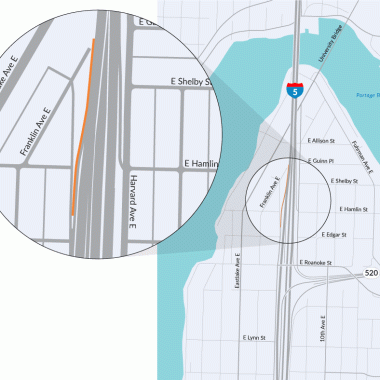 A map showing the location of noise wall construction along Boylston Avenue East and southbound I-5 from East Edgar Street to Franklin Avenue East.