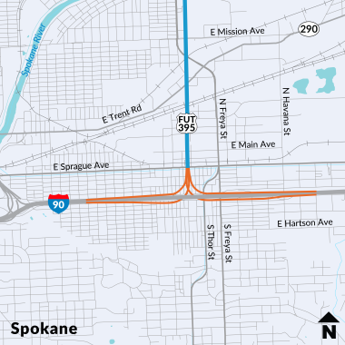 Project map for the final I-90 and North Spokane Corridor connection project in Spokane for the future US 395.