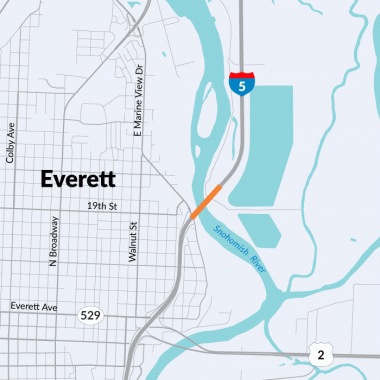 A map showing the location of work on the I-5 Snohomish River bridge.