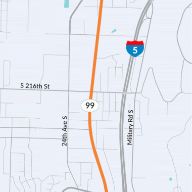 A map showing State Route 99 from SR 516 to South 200th Street.