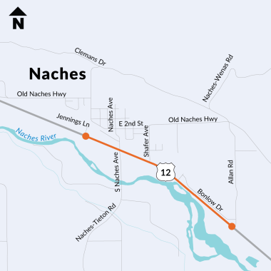 Map showing the study location for the planning study, which includes the area along the US 12 corridor in Naches, Washington, between Allan Road and Jennings Lane.