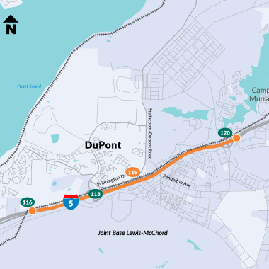 Map showing project limits on I-5 near DuPont and JBLM.