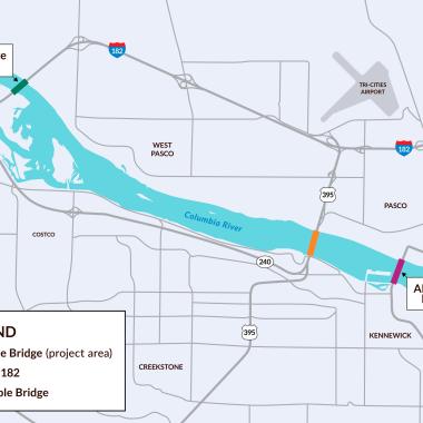Map showing the the project area for the painting of the US 395 Pioneer Memorial Bridge. The map shows the project area and alternate bridges travelers can take around the work.