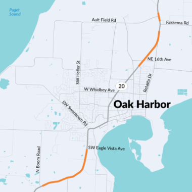 A graphic map of the work zone along SR 20 in Island County 