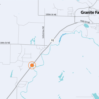 A map of SR 92 in the Granite Falls area with an orange dot marking a construction zone just south of Sleepy Hollow Road.