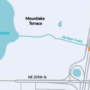 A map showing the location of three new fish passages at crossing centered around the I-5 interchange with SR 104 located in Mountlake Terrace, WA. 