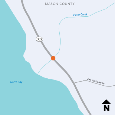 Map of SR 302 and location of work zone at Victor Creek. North arrow points up.