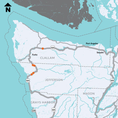 Map of the Olympic Peninsula with five work zones located US 101 with Clallam, Jefferson, Grays Harbor and Mason Counties. North arrow points up. 