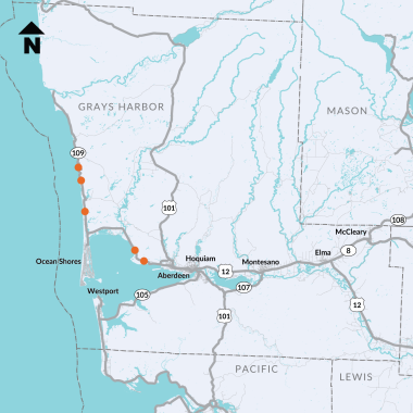 Map of Grays Harbor County, Pacific, Lewis, and Mason counties, Hoquiam, Aberdeen, Ocean Shores, and Westport. Five orange dots show work zones on SR 109 between Aberdeen and Seabrook