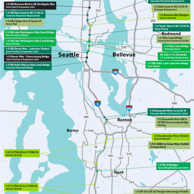 A map showing WSDOT's 10-year draft projects plan covering 2024 to 2034.