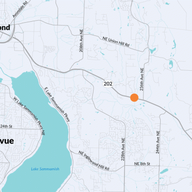 An orange dot on a map shows where WSDOT will build a fish-passable structure under SR 202 near Sammamish.