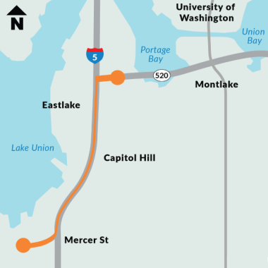 A map showing the SR 520 and I-5 interchange in Seattle. The portion of I-5 from 520 to Mercer Street is highlighted by an orange line showing the project area.