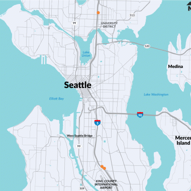 A map showing the locations of three on-ramps to northbound I-5 that will be equipped with overhead ramp meters.