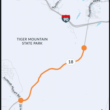 A map showing SR 18 improvements from Issaquah-Hobart Road SE to Deep Creek.