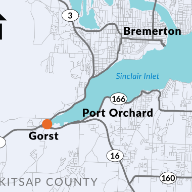 A map of SR 3 and surrounding roads between Gorst, Bremerton and Port Orchard