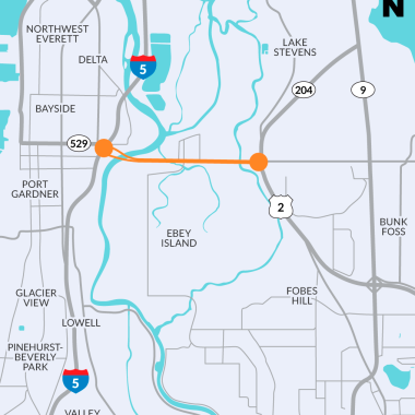 A map of the US 2 trestle between Everett and Lake Stevens, WA.