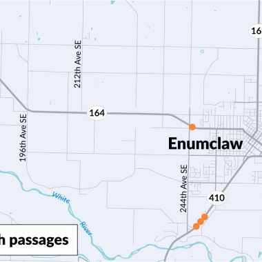 Orange dots on a map show where WSDOT will build fish-passable structures under SR 164 and SR 410 near Enumclaw.