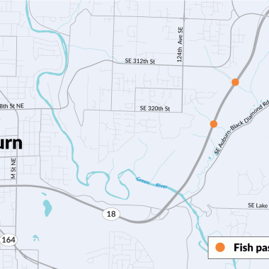 Orange dots on a map show where WSDOT will build two fish-passable structures under SR 18 in Auburn.