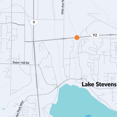A map of the project site showing where Lundeen Creek intersects with SR 92 in Lake Stevens, WA.