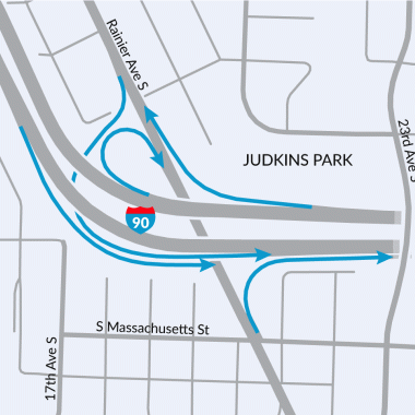 A map showing the five I-90 on and off ramps that terminate on Rainier Avenue in Seattle near Judkins Park Station.