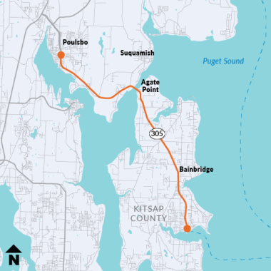 Map of State Route 305 between Poulsbo and Bainbridge Island.
