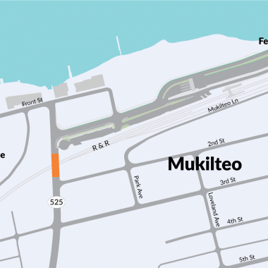 A map of the project site showing the SR 525 bridge over the railroad in Mukilteo, Washington.