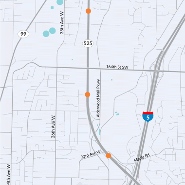 A map showing three orange dots where WSDOT will build fish-passable structures under SR 525 near Lynnwood.