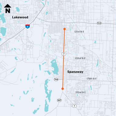 Map showing orange line along SR 7 from Violet Meadows to 189th Street where project will take place.