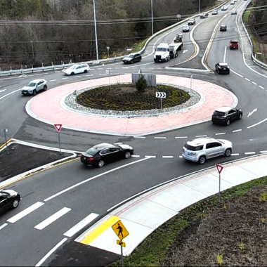 Vehicles driving through State Route 9 roundabout at South Lake Stevens Road.
