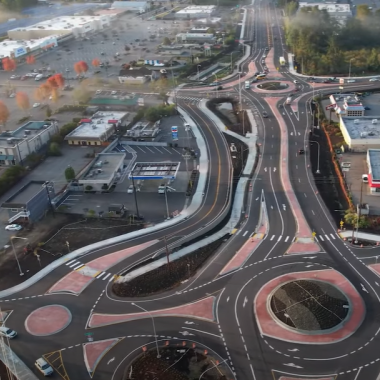 Aerial view of new roundabouts built near intersection of State Routes 9 and 204 in Lake Stevens.