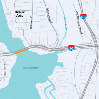 A map showing the location of the I-90 eastbound East Channel bridge between Mercer Island and Bellevue, Washington.