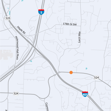 A map showing an orange dot where WSDOT will build a fish-passable structure under SR 524 near Lynnwood.