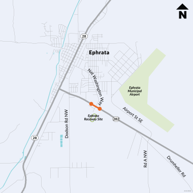 This map shows (in orange) the site of the project on SR 282, with the Ephrata Municipal Airport on the upper right side (northeast) of the map, and the old site of the Ephrata Raceway site, just under (south) of the future roundabout.
