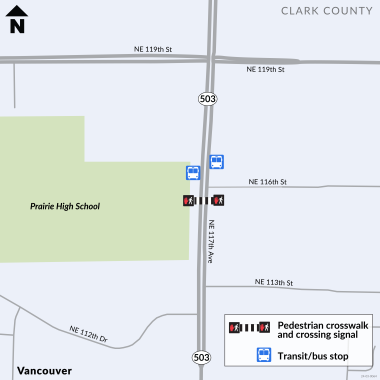 Image shows location of pedestrian signal installation along SR 500 near Prairie High School.