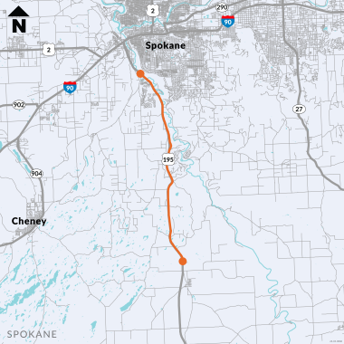 Map location for the US 195 paving project in the northbound lanes only between Cornwall Road and Cheney-Spokane Road.